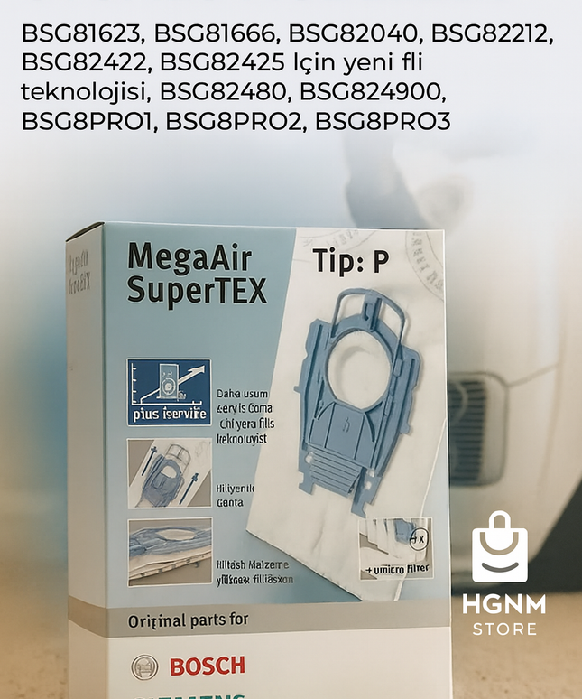 كيس غبار مكنسة بوش إيرجو ماكس من النوع P - ميجا فيلت سوبرتكس، أصلي، مجموعة من 4 قطع + فلتر