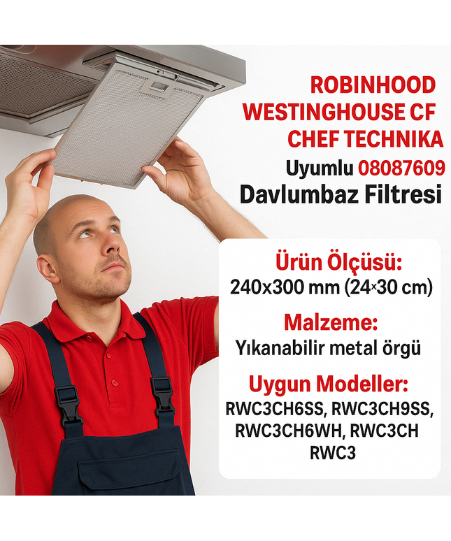 ROBINHOOD WESTINGHOUSE CHEF TECHNIKA Uyumlu 08087609 Davlumbaz Filtresi 240x300 mm Alüminyum Yağ Filtresi 24x30 cm
