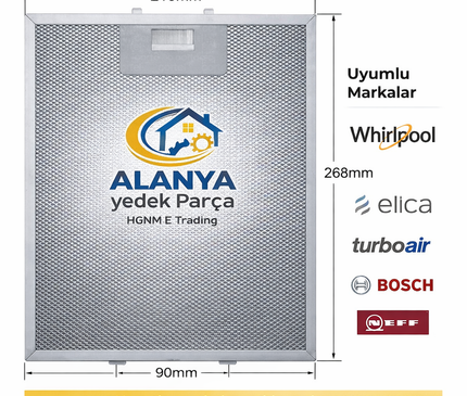 22x27 Alüminyum Davlumbaz Yağ Filtresi 218x268 | Whirlpool – Elica – Turboair – Bosch – Neff Uyumlu Aspiratör Filtresi