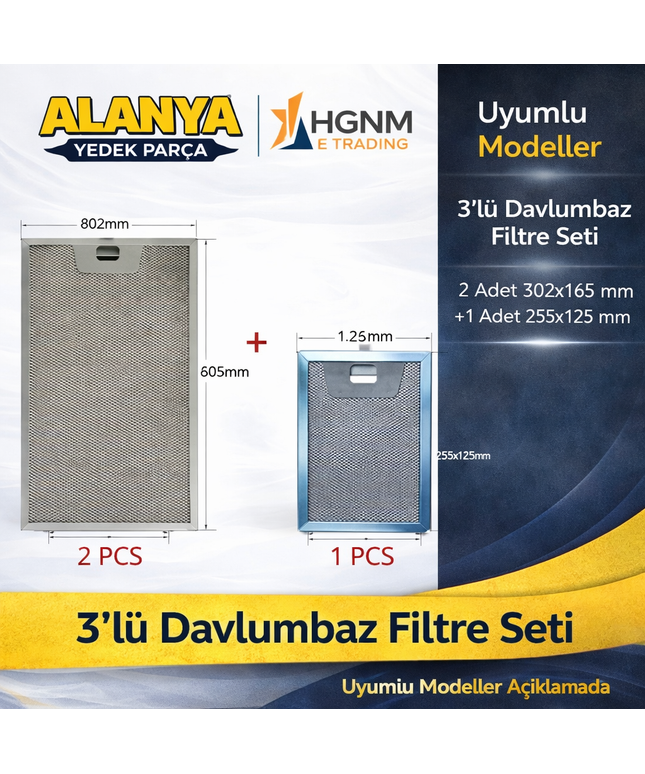 Davlumbaz Filtre Seti 2 Adet 302x165 mm - 1 Adet 255 x 125 mm 00746790-11004960 Davlumbaz Aspiratör Kaset Süzgeç Filtre Teli