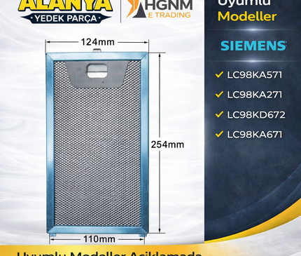 Davlumbaz Metal Yağ Filtresi 00746790 254x124 mm Aspiratör Kaset Süzgeç Filtre Teli Siemens: LC98KA571, LC98KA271, LC98KD672, LC98KA671