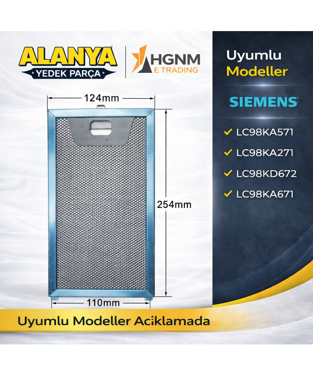 Davlumbaz Metal Yağ Filtresi 00746790 254x124 mm Aspiratör Kaset Süzgeç Filtre Teli Siemens: LC98KA571, LC98KA271, LC98KD672, LC98KA671