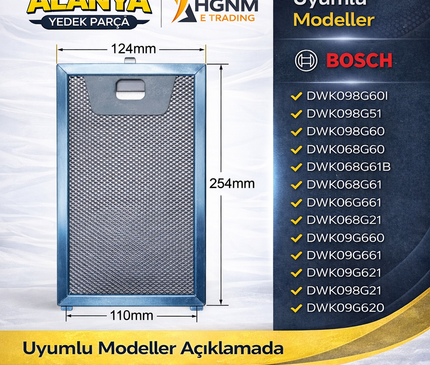 Davlumbaz Metal Yağ Filtresi 00746790 254x124 mm Bosch DWK098G60I, DWK098G51, DWK098G60, DWK068G60, DWK068G61B, DWK068G61, DWK06G661, DWK068G21, DWK09G660, DWK068G51, DWK09G661, DWK098G21, DWK06G660, DWK098G61B, DWK09G620, DWK098G61, DWK06G620