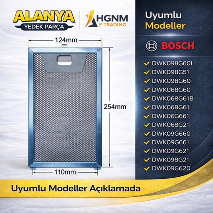 Davlumbaz Metal Yağ Filtresi 00746790 254x124 mm Bosch DWK098G60I, DWK098G51, DWK098G60, DWK068G60, DWK068G61B, DWK068G61, DWK06G661, DWK068G21, DWK09G660, DWK068G51, DWK09G661, DWK098G21, DWK06G660, DWK098G61B, DWK09G620, DWK098G61, DWK06G620