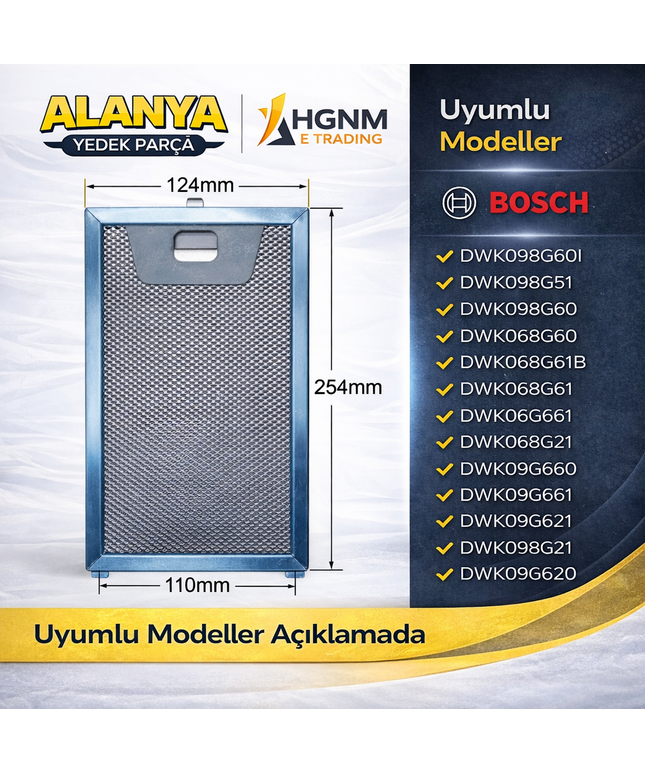 Davlumbaz Metal Yağ Filtresi 00746790 254x124 mm Bosch DWK098G60I, DWK098G51, DWK098G60, DWK068G60, DWK068G61B, DWK068G61, DWK06G661, DWK068G21, DWK09G660, DWK068G51, DWK09G661, DWK098G21, DWK06G660, DWK098G61B, DWK09G620, DWK098G61, DWK06G620
