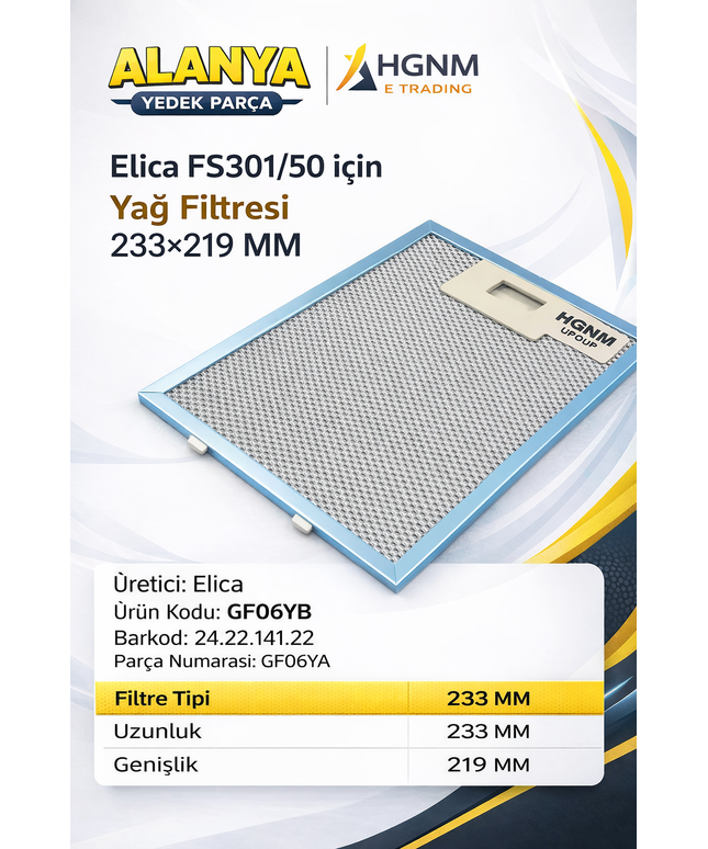 Elica FS301/50 FS30150 Uyumlu Davlumbaz Metal Yağ Filtresi 233x219 mm GF06YB GF06YA Alüminyum Aspiratör Filtresi Yıkanabilir Davlumbaz Yağ Tutucu Filtre