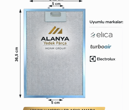 Elica Turboair Electrolux Davlumbaz Metal Yağ Filtresi 36,5x24,5 cm GRI0009214 Uyumlu