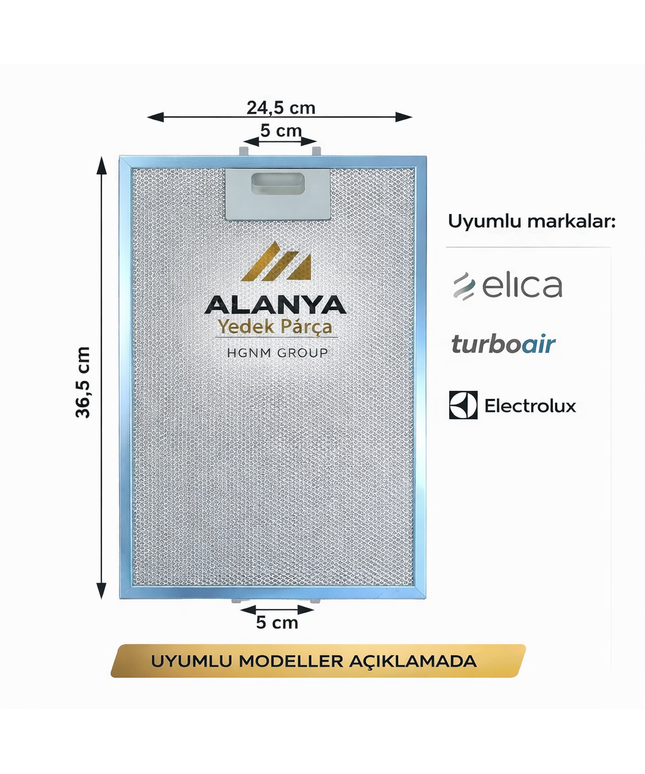 Elica Turboair Electrolux Davlumbaz Metal Yağ Filtresi 36,5x24,5 cm GRI0009214 Uyumlu