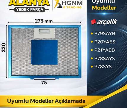 GF024A 27.6x21.9 cm Metal Yağ Filtresi – Beko / Elica Uyumlu (9178006563) Arçelik P79SAYB, P20YAES, P21YAEB, P78SAYS, P78SYS