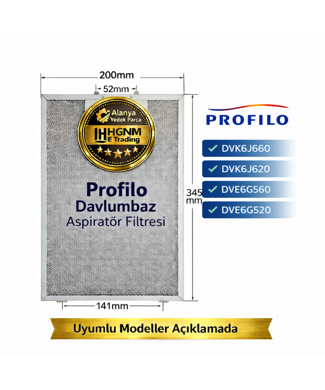 Profilo  DVK6J660, DVK6J620, DVE6G560, DVE6G520 Davlumbaz Aspiratör Filtresi 345x200mm – 11010157  Süzgeç, Tel, Kaset, Filtre