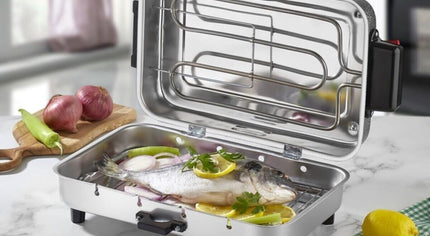 Электрический гриль-коптильня с 4 шампурами, стандартный размер 31x21 см, для использования в помещении, для копчения рыбы, мяса и курицы. Лучший электрический гриль-коптильня для использования в помещении.