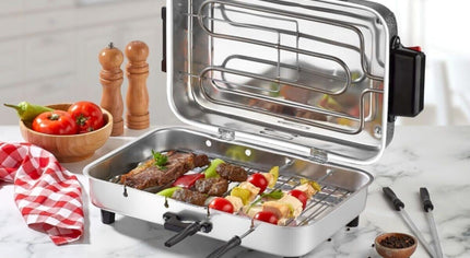 Электрический гриль-коптильня с 4 шампурами, стандартный размер 31x21 см, для использования в помещении, для копчения рыбы, мяса и курицы. Лучший электрический гриль-коптильня для использования в помещении.