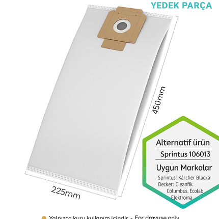 SPRINTUS T11 EVO - T12 ERA - FLOORY & KARCHER NT 7/1 - T10/1 UYUMLU 5 Katlı Yüksek Filtrasyon Toz Torbası | 5 Li Paket 