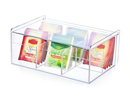 Deluxe Acrylic Tea Box Organizer: A Multifunctional Storage Solution with Six Compartments for Tea Bags, Coffee, Teacup, Infuser, and Lid - Perfect for Home and Kitchen Use