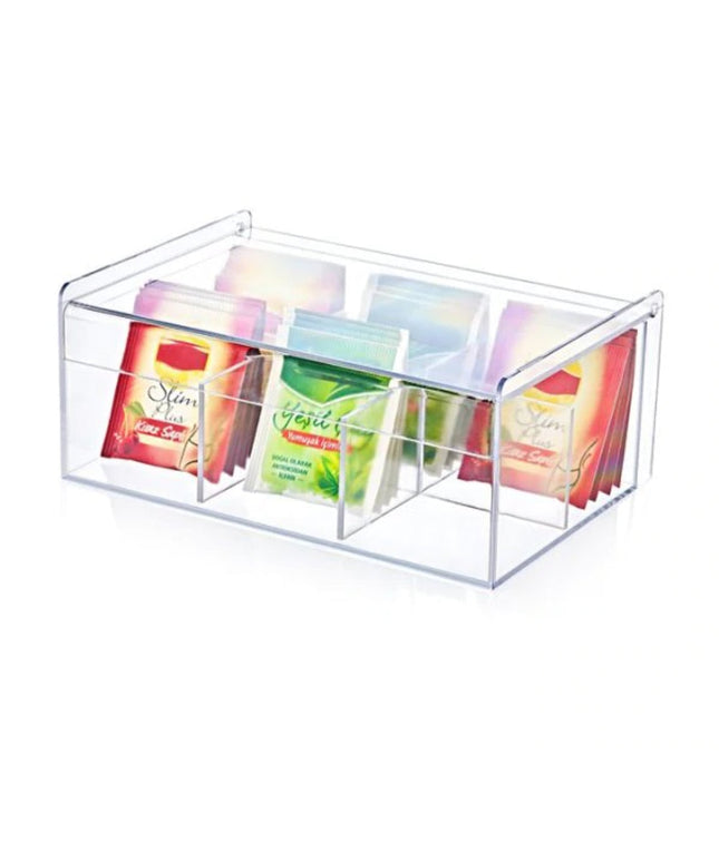 Deluxe Acrylic Tea Box Organizer: A Multifunctional Storage Solution with Six Compartments for Tea Bags, Coffee, Teacup, Infuser, and Lid - Perfect for Home and Kitchen Use
