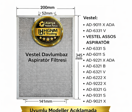 Vestel: AD-9011 X ADA, AD-6331 V, VESTEL ASSOS ASPİRATÖR, AD-6331 S, AD-6011 S, AD-9221 X ADA, AD-6321 B, AD-6321 V, AD-6222 X, AD-9222 X, AD-6331 G, AD-9321 S, AD-9021 X, AD-6021 X, AD-9331 B Davlumbaz Aspiratör Filtresi 345x200mm – 11010157