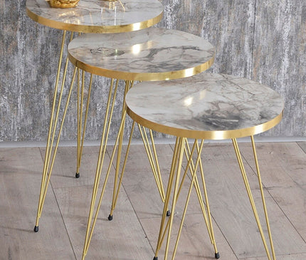 Coffee Table Nesting Table Gold Bendir Wire Home Decor Triple Set Marble Pattern