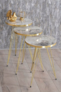 Coffee Table Nesting Table Gold Bendir Wire Home Decor Triple Set Marble Pattern