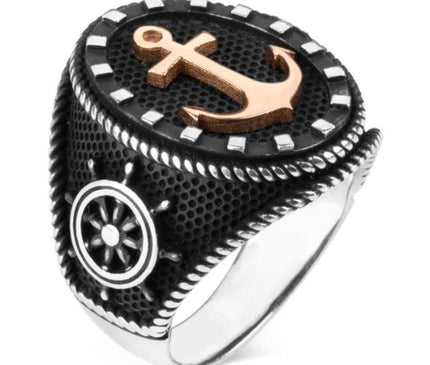 Silver Anchor Rudder Pattern 925 Sterling Silver Men's Sailor Ring Marine Maritime Nautical