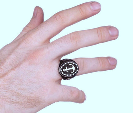 Silver Anchor Rudder Pattern 925 Sterling Silver Men's Sailor Ring Marine Maritime Nautical